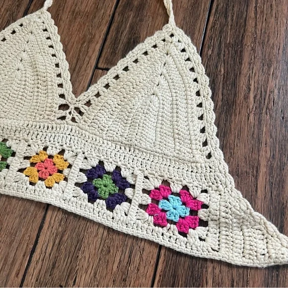 WoWo Crochet Knit Bralette Halter Granny Square Festival Tank Bra Large Top - Picture 2 of 8